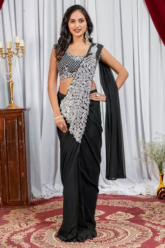 black embroidered,thread & sequins work work faux georgette pre-stitched saree