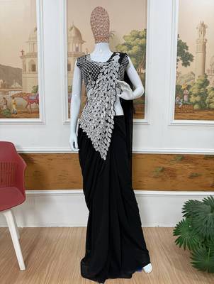 black embroidered,thread & sequins work work faux georgette pre-stitched saree 4