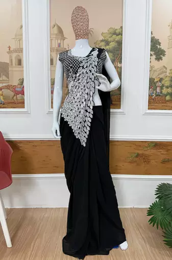 black embroidered,thread & sequins work work faux georgette pre-stitched saree