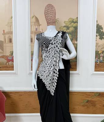 black embroidered,thread & sequins work work faux georgette pre-stitched saree 5