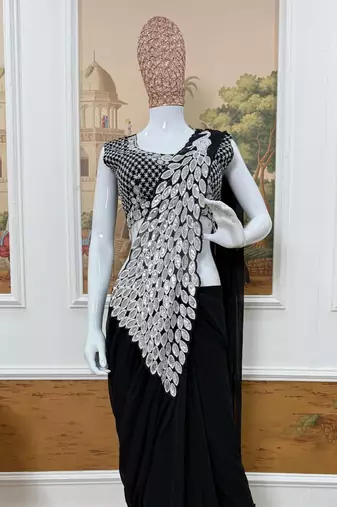 black embroidered,thread & sequins work work faux georgette pre-stitched saree