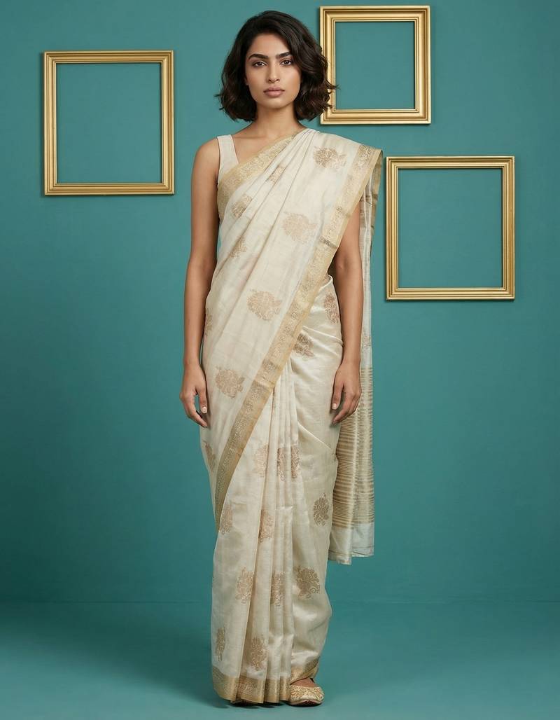 Off white woven zari buti work silk blend   traditional classic style banarasi style saree with blouse piece