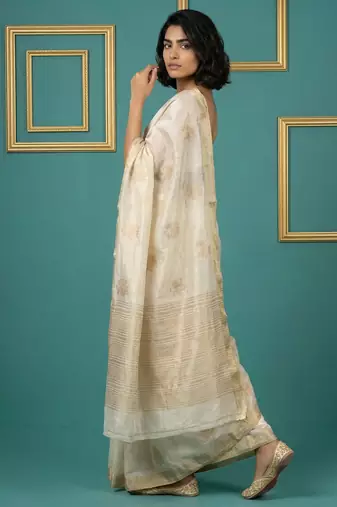 Off white woven zari buti work silk blend   traditional classic style banarasi style saree with blouse piece