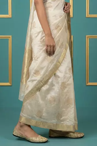 Off white woven zari buti work silk blend   traditional classic style banarasi style saree with blouse piece