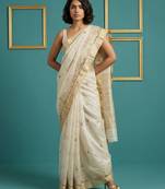 Off white woven zari buti work silk blend   traditional classic style banarasi style saree with blouse piece
