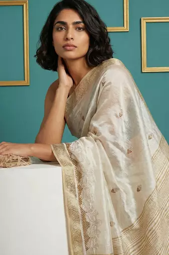 Off white woven zari buti work silk blend   traditional classic style banarasi style saree with blouse piece