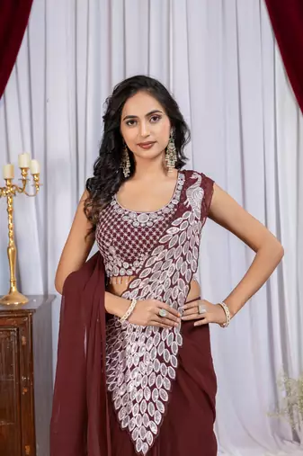 Brown Color Embroidered,Thread & Sequins Work Work Faux Georgette Ready To Wear Saree