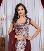 Brown Color Embroidered,Thread & Sequins Work Work Faux Georgette Ready To Wear Saree