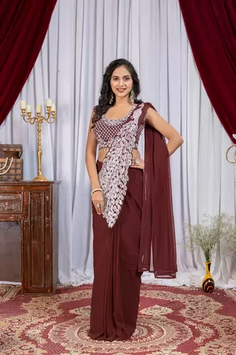 brown embroidered,thread & sequins work work faux georgette ready to wear saree