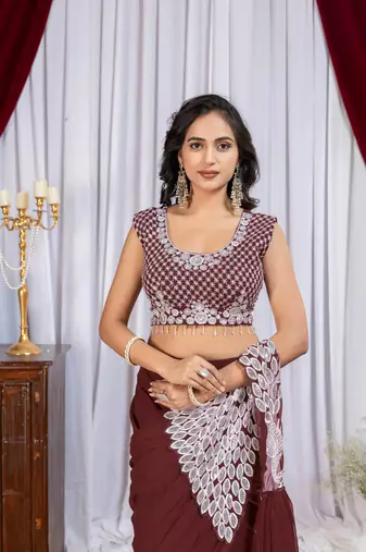 brown embroidered,thread & sequins work work faux georgette ready to wear saree