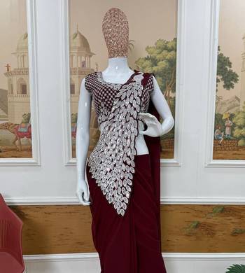 brown embroidered,thread & sequins work work faux georgette ready to wear saree 4