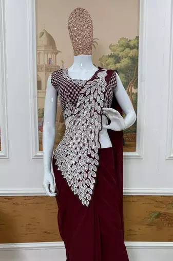 brown embroidered,thread & sequins work work faux georgette ready to wear saree