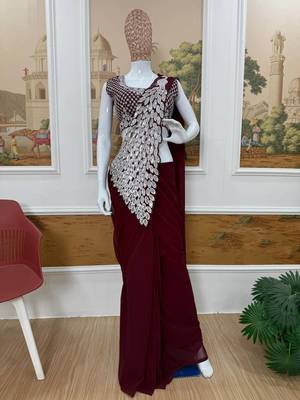 brown embroidered,thread & sequins work work faux georgette ready to wear saree 5