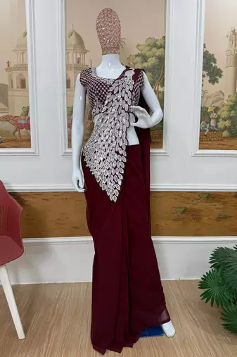 brown embroidered,thread & sequins work work faux georgette ready to wear saree