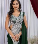 Dark Green Color Embroidered,Thread & Sequins Work Work Faux Georgette Ready To Wear Saree