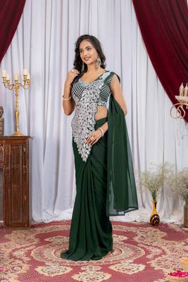 dark green embroidered,thread & sequins work work faux georgette pre draped saree 2