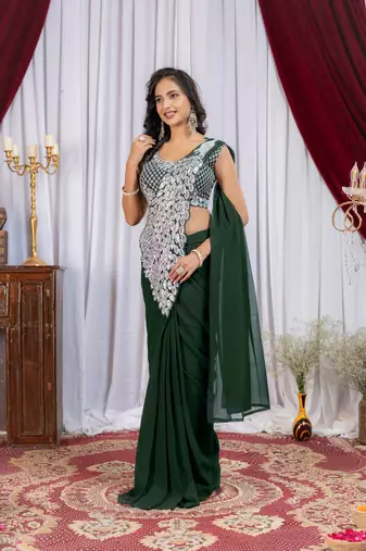 dark green embroidered,thread & sequins work work faux georgette pre draped saree