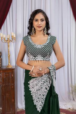 dark green embroidered,thread & sequins work work faux georgette pre draped saree 3