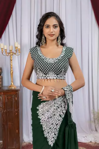 dark green embroidered,thread & sequins work work faux georgette pre draped saree