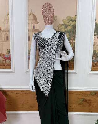 dark green embroidered,thread & sequins work work faux georgette pre draped saree 4