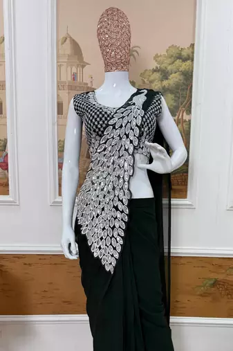 dark green embroidered,thread & sequins work work faux georgette pre draped saree