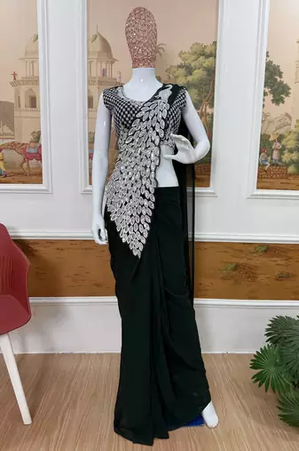 dark green embroidered,thread & sequins work work faux georgette pre draped saree