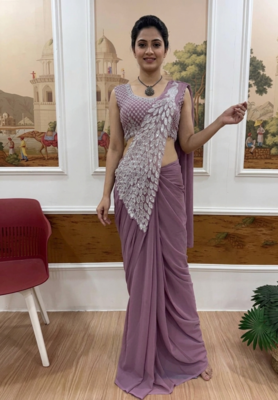 lavender embroidered,thread & sequins work work faux georgette ready made saree 1