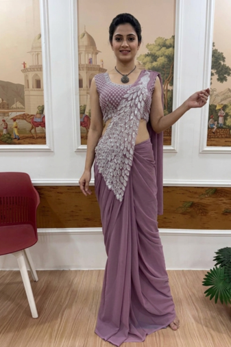 Lavender Color Embroidered,Thread & Sequins Work Work Faux Georgette Ready To Wear Saree
