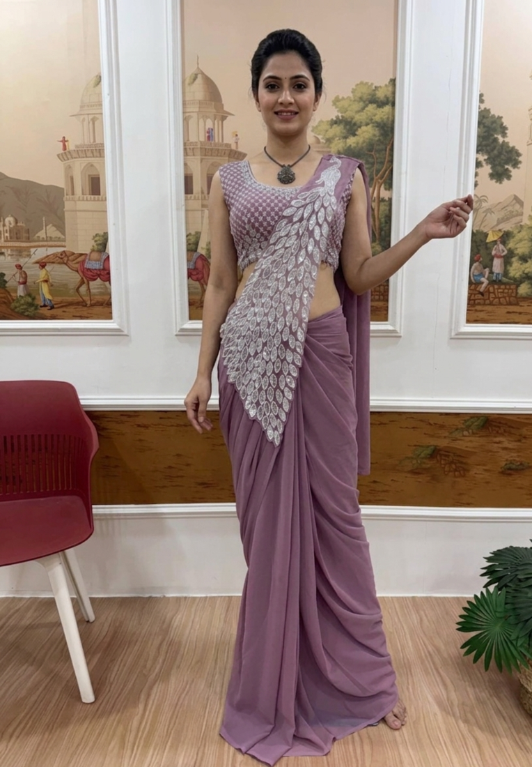 Lavender Color Embroidered,Thread & Sequins Work Work Faux Georgette Ready To Wear Saree