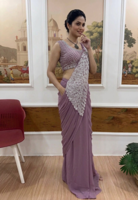 lavender embroidered,thread & sequins work work faux georgette ready made saree 2