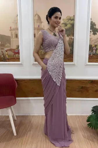 lavender embroidered,thread & sequins work work faux georgette ready made saree