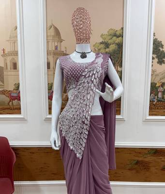 lavender embroidered,thread & sequins work work faux georgette ready made saree 3