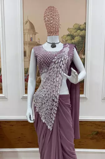 lavender embroidered,thread & sequins work work faux georgette ready made saree