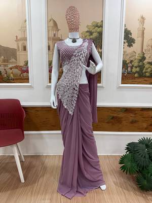 lavender embroidered,thread & sequins work work faux georgette ready made saree 4