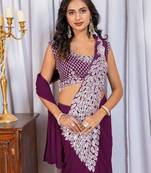 Plum Color Embroidered,Thread & Sequins Work Work Faux Georgette Ready To Wear Saree