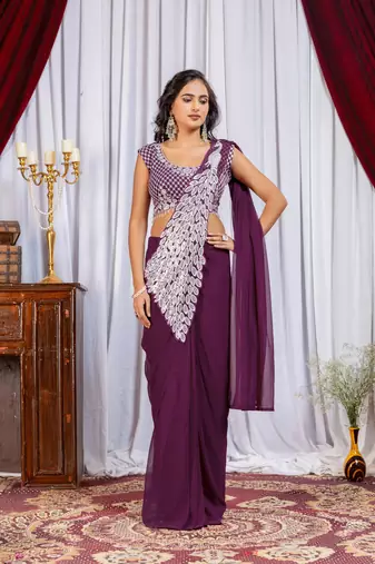 plum embroidered,thread & sequins work work faux georgette pre-stitched saree