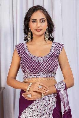 plum embroidered,thread & sequins work work faux georgette pre-stitched saree 3