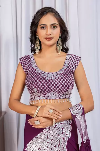 plum embroidered,thread & sequins work work faux georgette pre-stitched saree