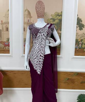 plum embroidered,thread & sequins work work faux georgette pre-stitched saree 4