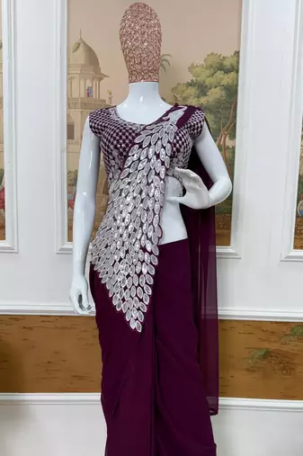 plum embroidered,thread & sequins work work faux georgette pre-stitched saree