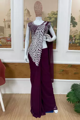 plum embroidered,thread & sequins work work faux georgette pre-stitched saree