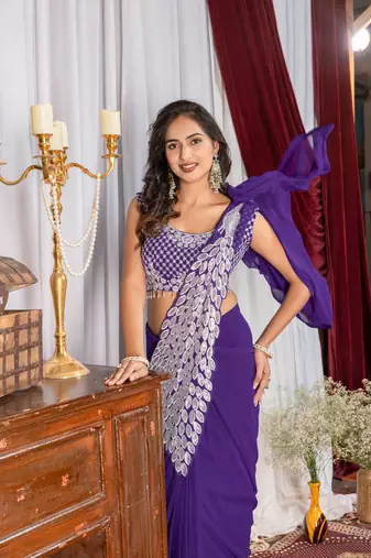 Purple Color Embroidered,Thread & Sequins Work Work Faux Georgette Ready To Wear Saree