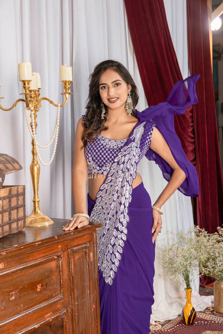 Purple Color Embroidered,Thread & Sequins Work Work Faux Georgette Ready To Wear Saree