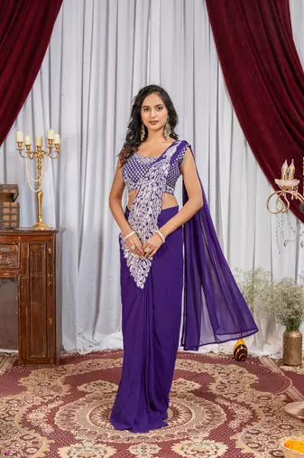 purple embroidered,thread & sequins work work faux georgette ready to wear saree
