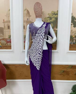 purple embroidered,thread & sequins work work faux georgette ready to wear saree 4