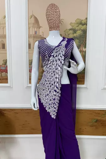 purple embroidered,thread & sequins work work faux georgette ready to wear saree