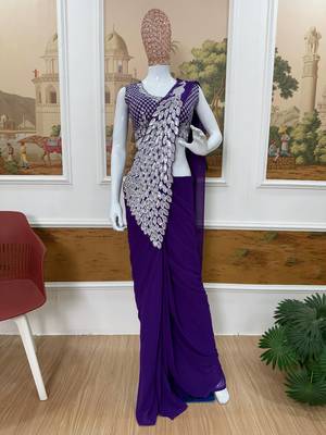 purple embroidered,thread & sequins work work faux georgette ready to wear saree 5
