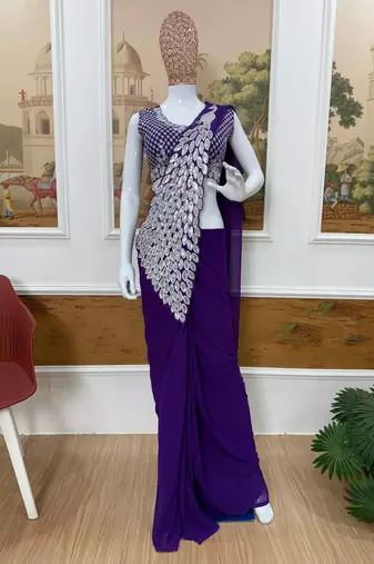 purple embroidered,thread & sequins work work faux georgette ready to wear saree