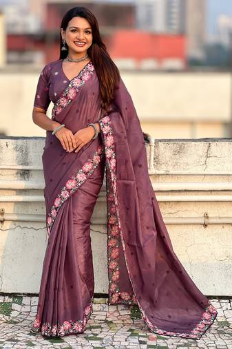 Wine thread embroidery floral border work organza silk   elegant festive style