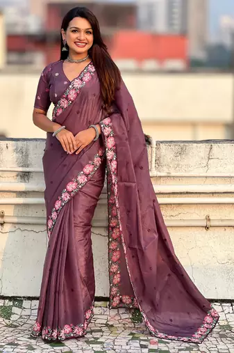 Wine thread embroidery floral border work organza silk   elegant festive style